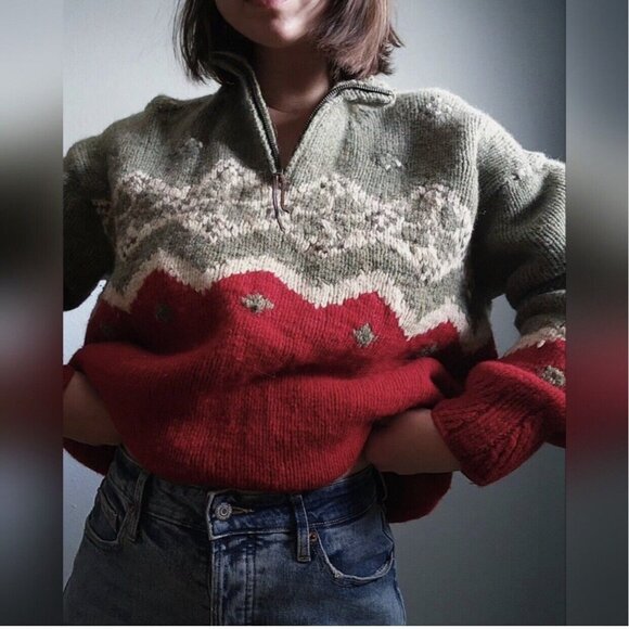 Willie Collection Cowichan Wool‎ Sweater Red, Green Size Small - Picture 2 of 7